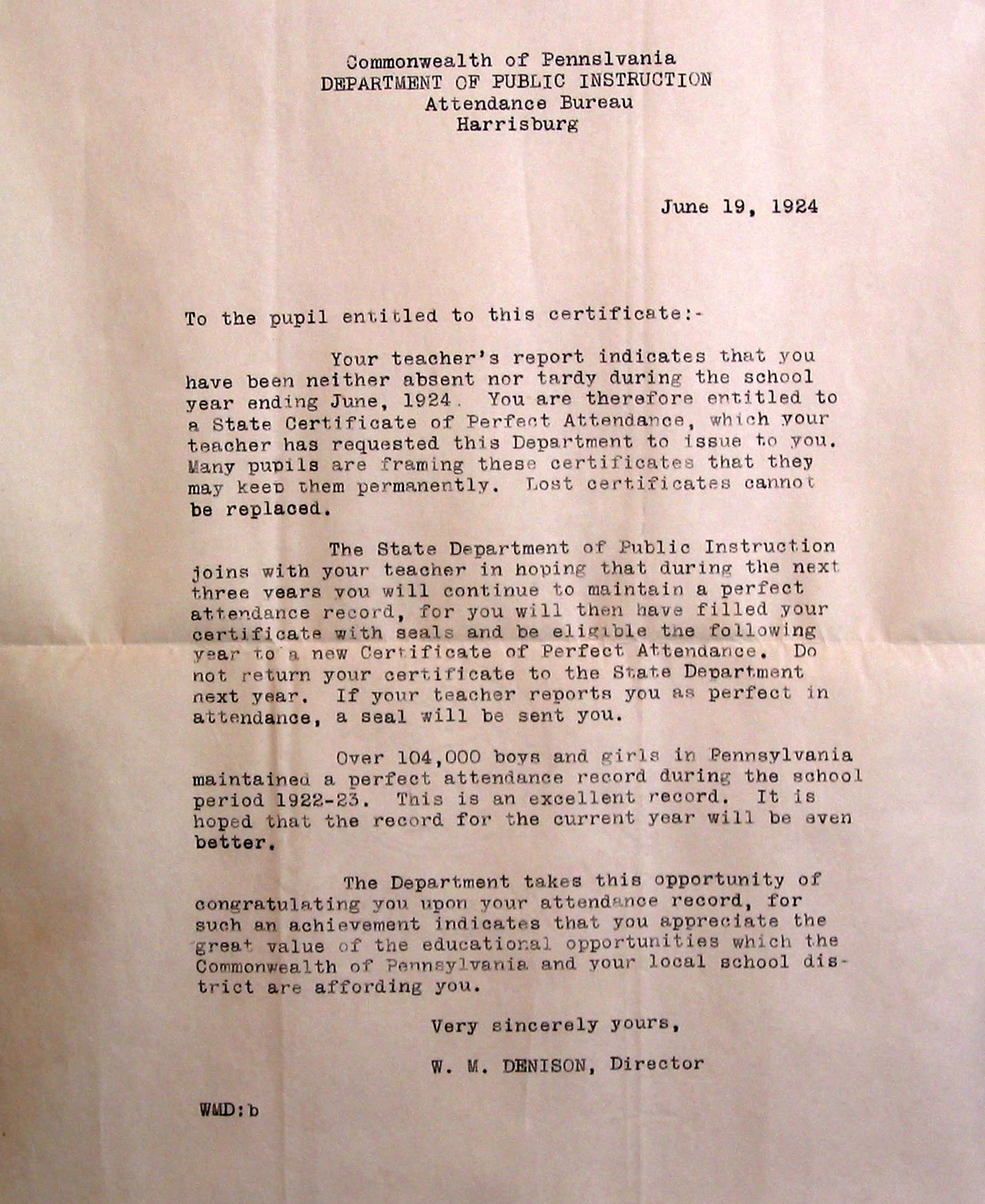 Perfect Attendance Commendation from 1924